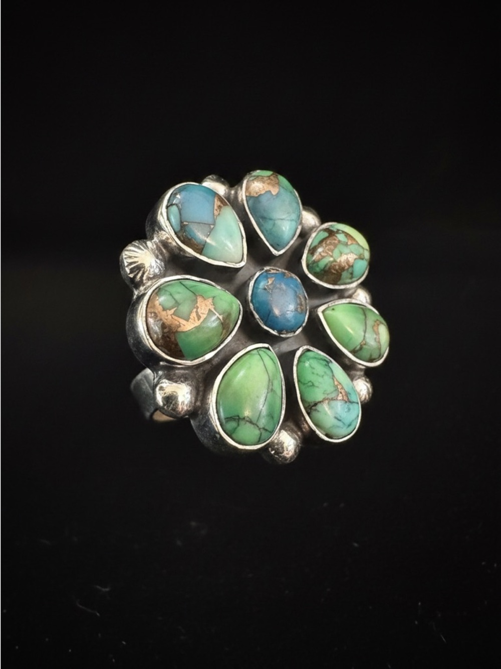 Sterling Silver Turquoise Cluster Statement Ring - Green Blue - Picture 2 of 6